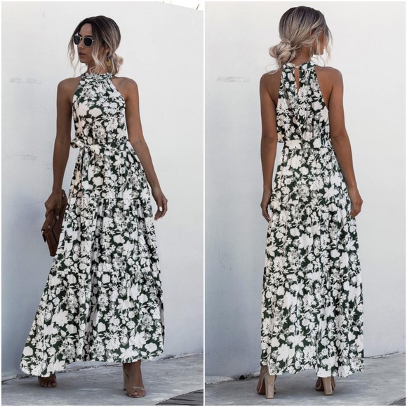 BellanBlue Dresses & Skirts - Boho White Black floral print belted halter maxi dress Cottagecore